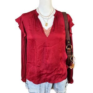 Anthropologie Dolan Red Satin Ruffle Pleated Sleeve Blouse V-Neck Top Size S